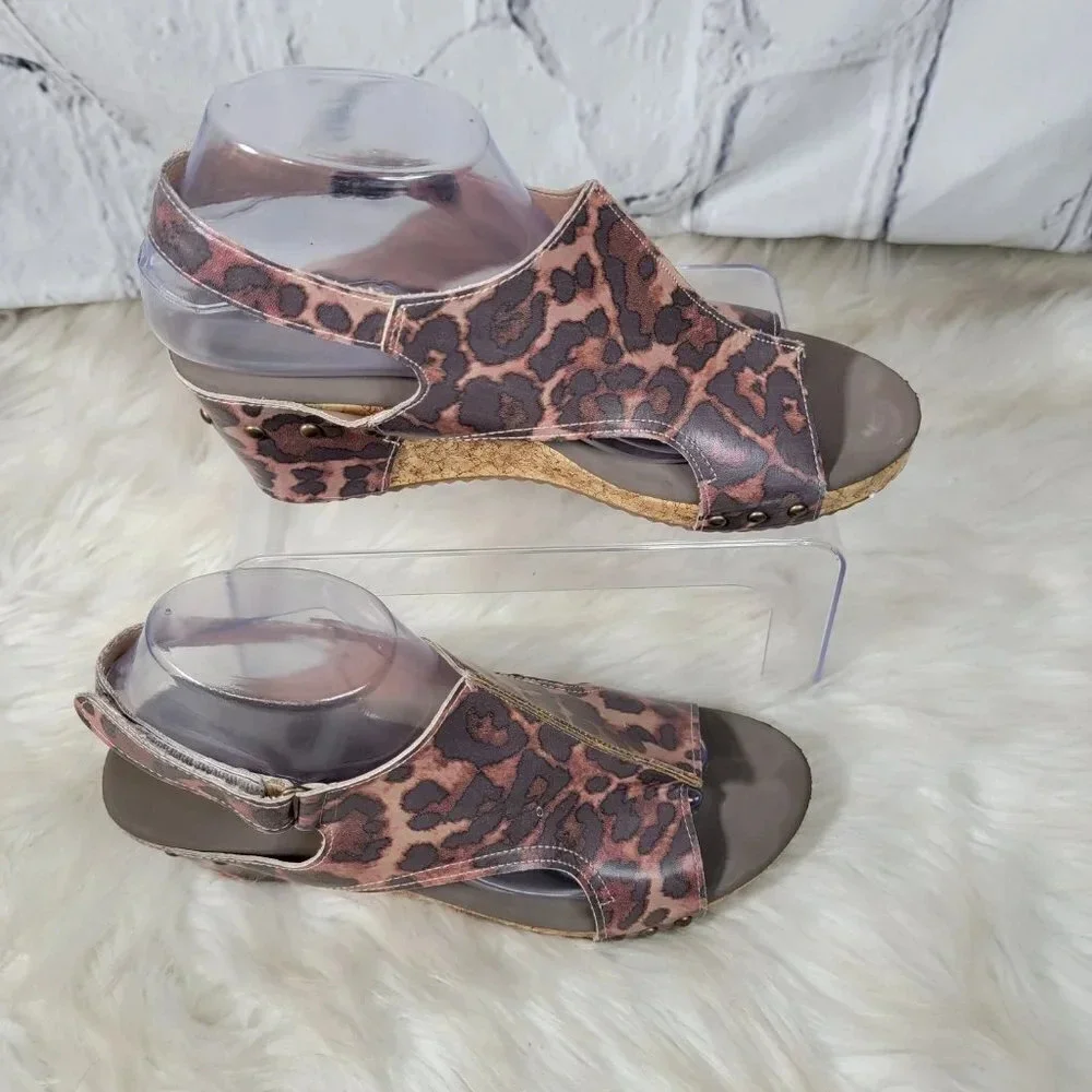 Jolimall Womens 9 Leopard Print Brown Wedge Summer Sandals Casual Comfy‎ Padded